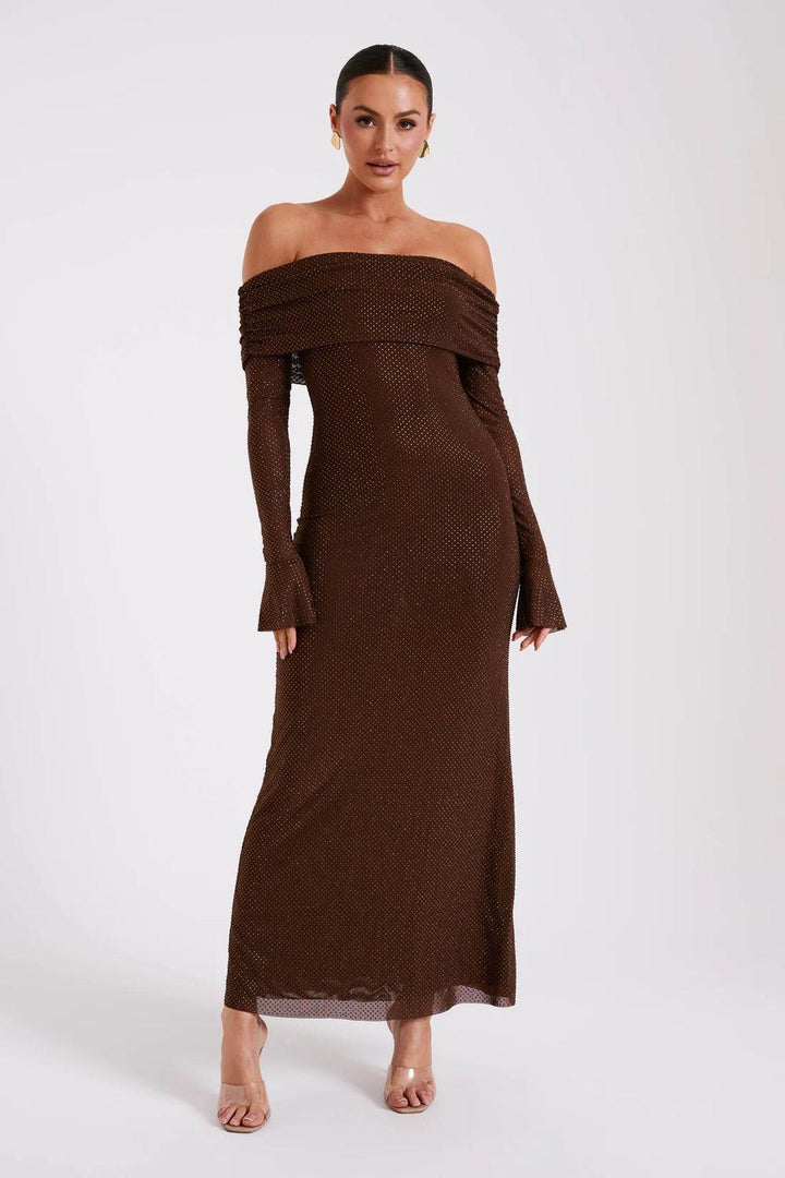 Damen Pailletten Schulterfreies Langes Kleid