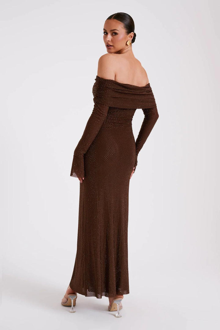 Damen Pailletten Schulterfreies Langes Kleid