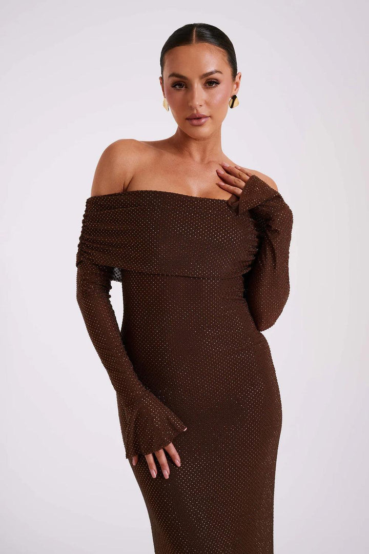 Damen Pailletten Schulterfreies Langes Kleid