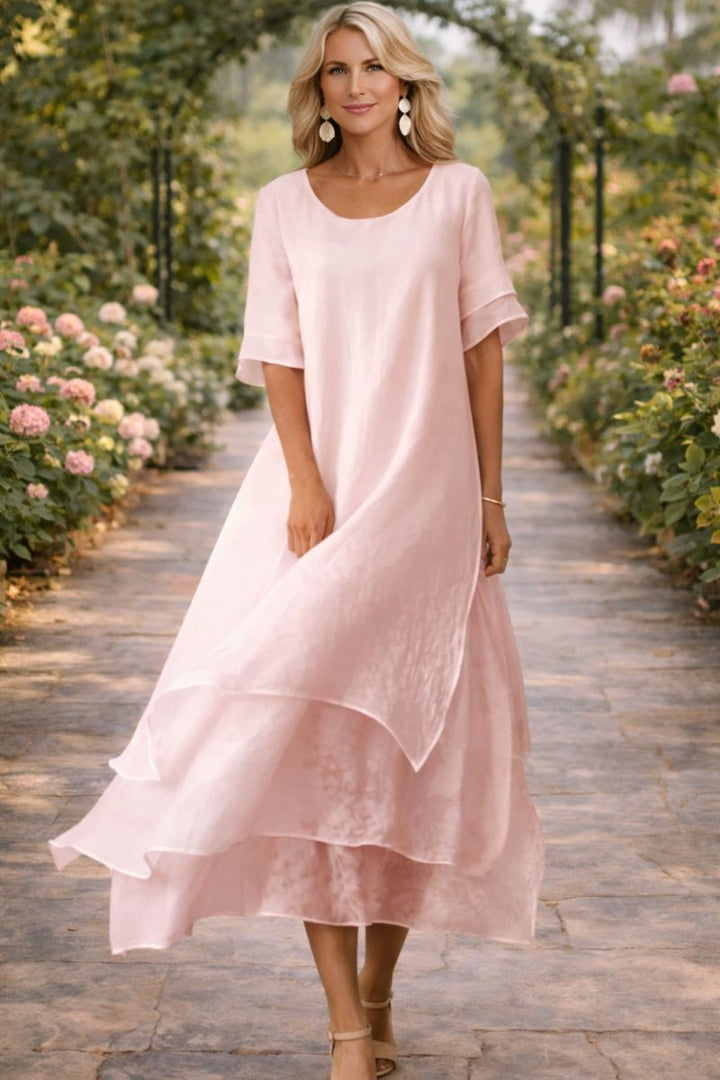 Damen Lagen Chiffon Midi Kleid – Rundhals Locker Elegantes Kleid