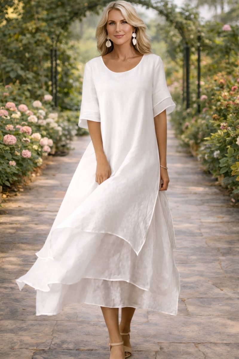 Damen Lagen Chiffon Midi Kleid – Rundhals Locker Elegantes Kleid