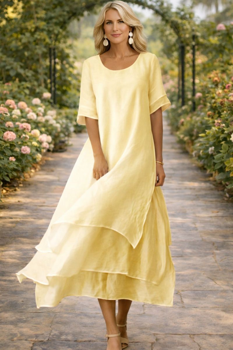 Damen Lagen Chiffon Midi Kleid – Rundhals Locker Elegantes Kleid