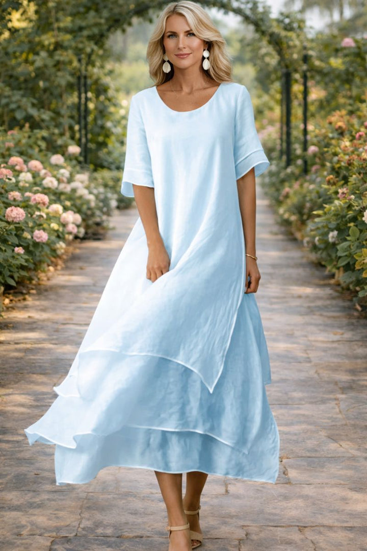Damen Lagen Chiffon Midi Kleid – Rundhals Locker Elegantes Kleid