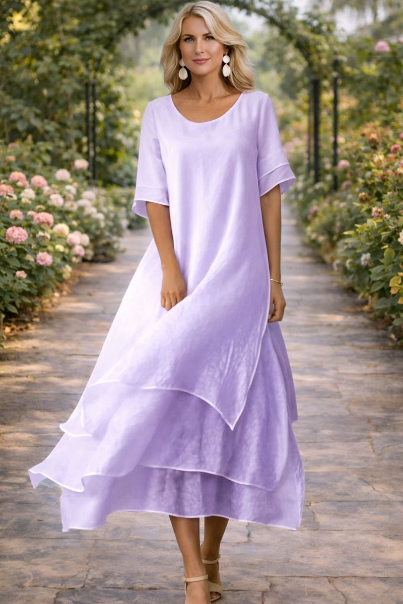 Damen Lagen Chiffon Midi Kleid – Rundhals Locker Elegantes Kleid