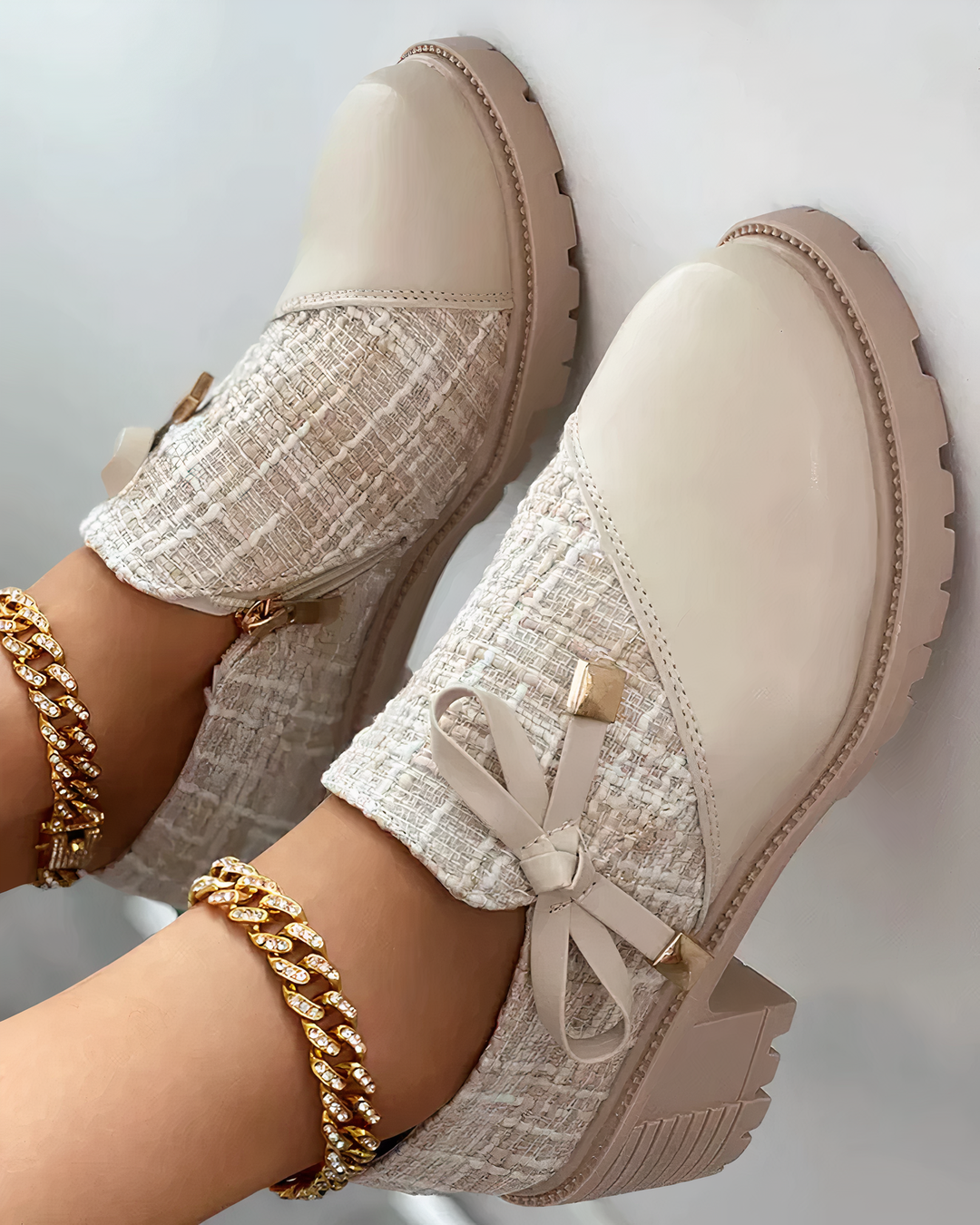 Damen Tweed Blockabsatz Loafer – Elegante Strukturierte Schuhe