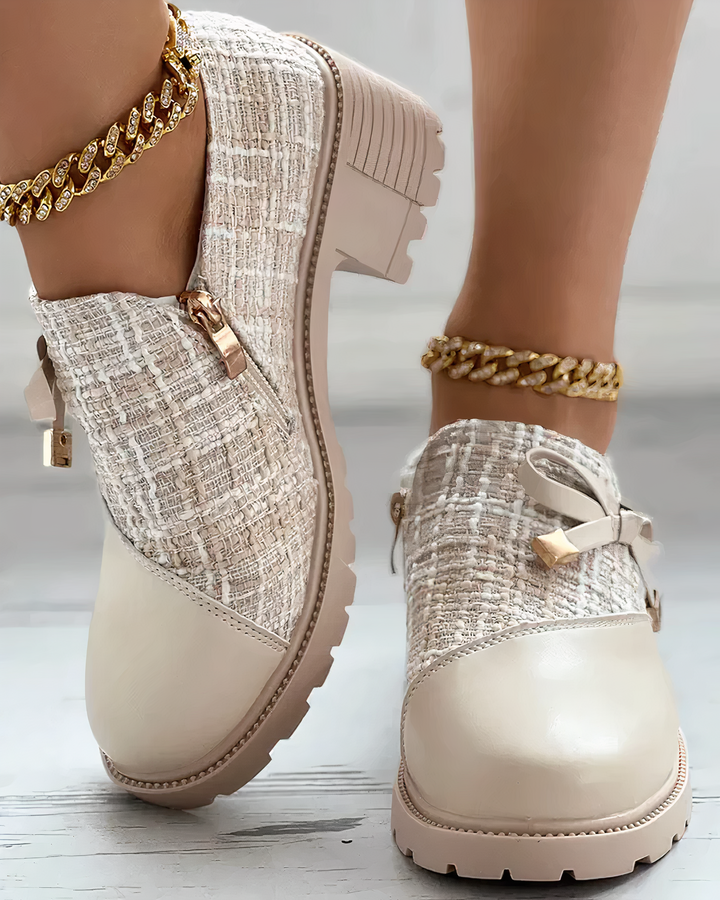 Damen Tweed Blockabsatz Loafer – Elegante Strukturierte Schuhe