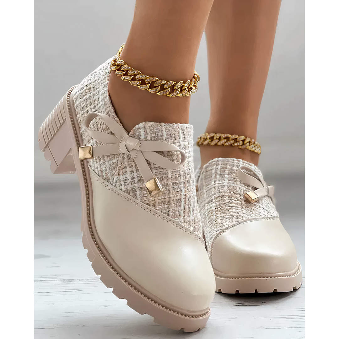 Damen Tweed Blockabsatz Loafer – Elegante Strukturierte Schuhe