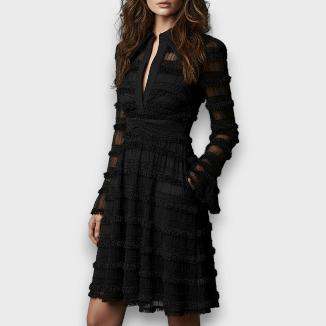 Damen Midi Kleid Mit Raffung Und V-Ausschnitt – Elegantes Schwarzes Langarmkleid