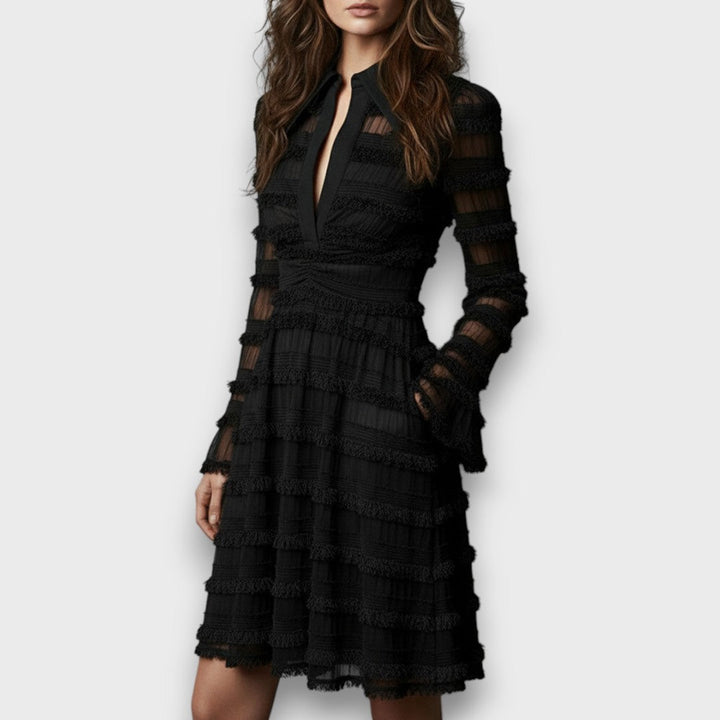 Damen Midi Kleid Mit Raffung Und V-Ausschnitt – Elegantes Schwarzes Langarmkleid