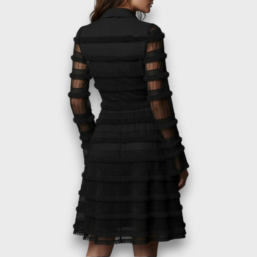 Damen Midi Kleid Mit Raffung Und V-Ausschnitt – Elegantes Schwarzes Langarmkleid