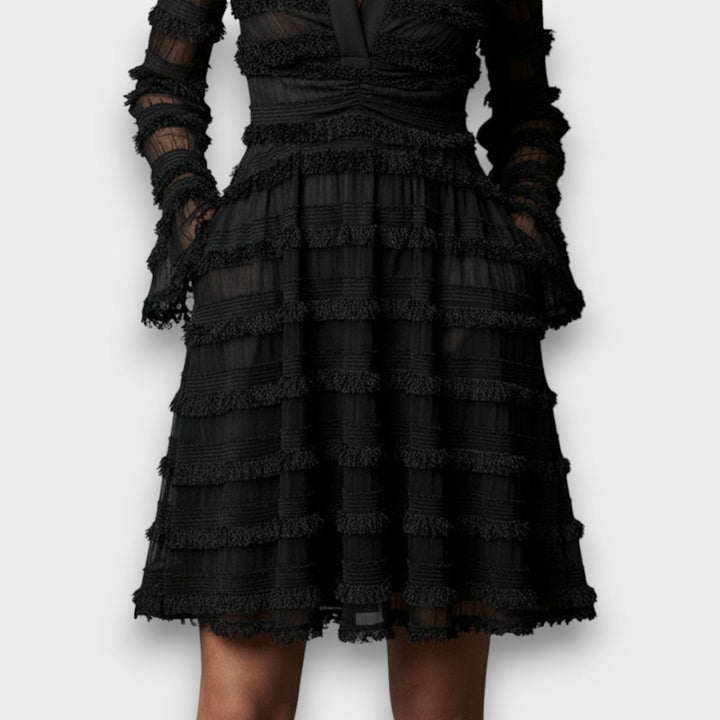 Damen Midi Kleid Mit Raffung Und V-Ausschnitt – Elegantes Schwarzes Langarmkleid