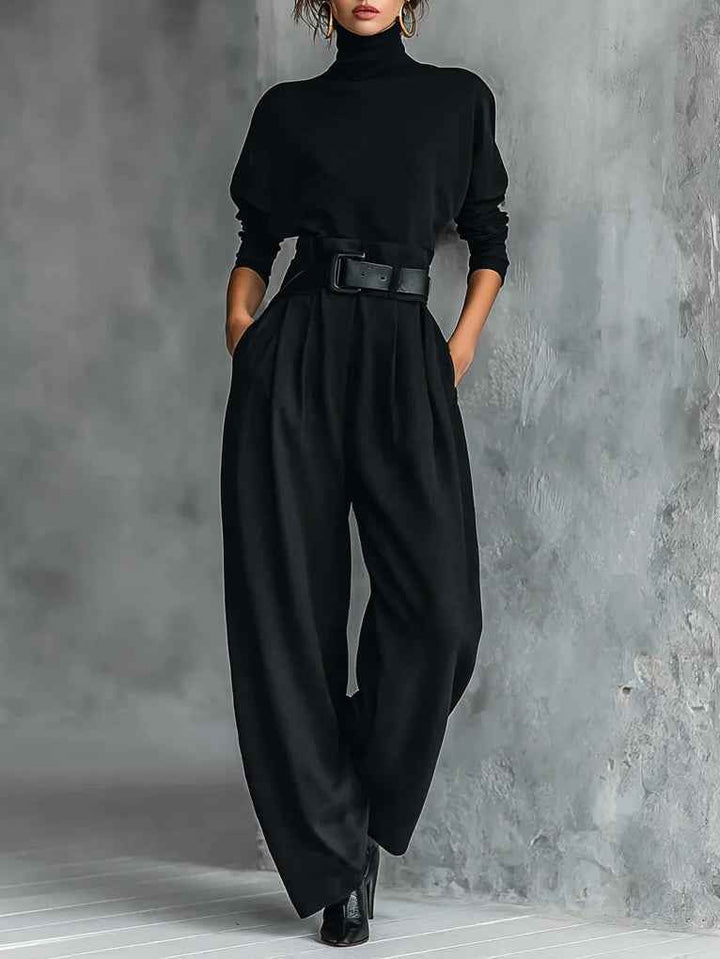 Ganz in Schwarz Rollkragen-Langarm-Top und Hose mit geradem Bein - 2-teiliges Set (inkl. Gürtel)