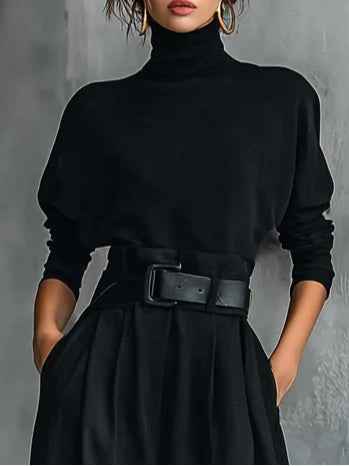 Ganz in Schwarz Rollkragen-Langarm-Top und Hose mit geradem Bein - 2-teiliges Set (inkl. Gürtel)