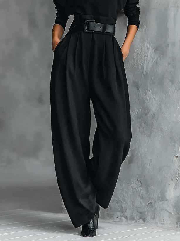 Ganz in Schwarz Rollkragen-Langarm-Top und Hose mit geradem Bein - 2-teiliges Set (inkl. Gürtel)
