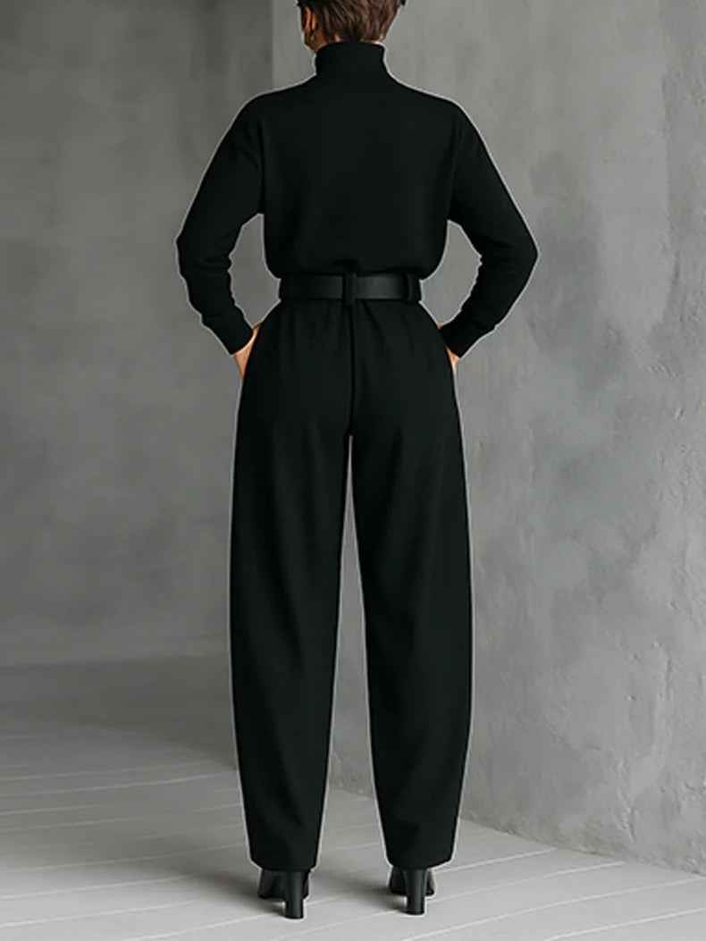 Ganz in Schwarz Rollkragen-Langarm-Top und Hose mit geradem Bein - 2-teiliges Set (inkl. Gürtel)