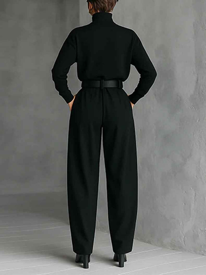Ganz in Schwarz Rollkragen-Langarm-Top und Hose mit geradem Bein - 2-teiliges Set (inkl. Gürtel)