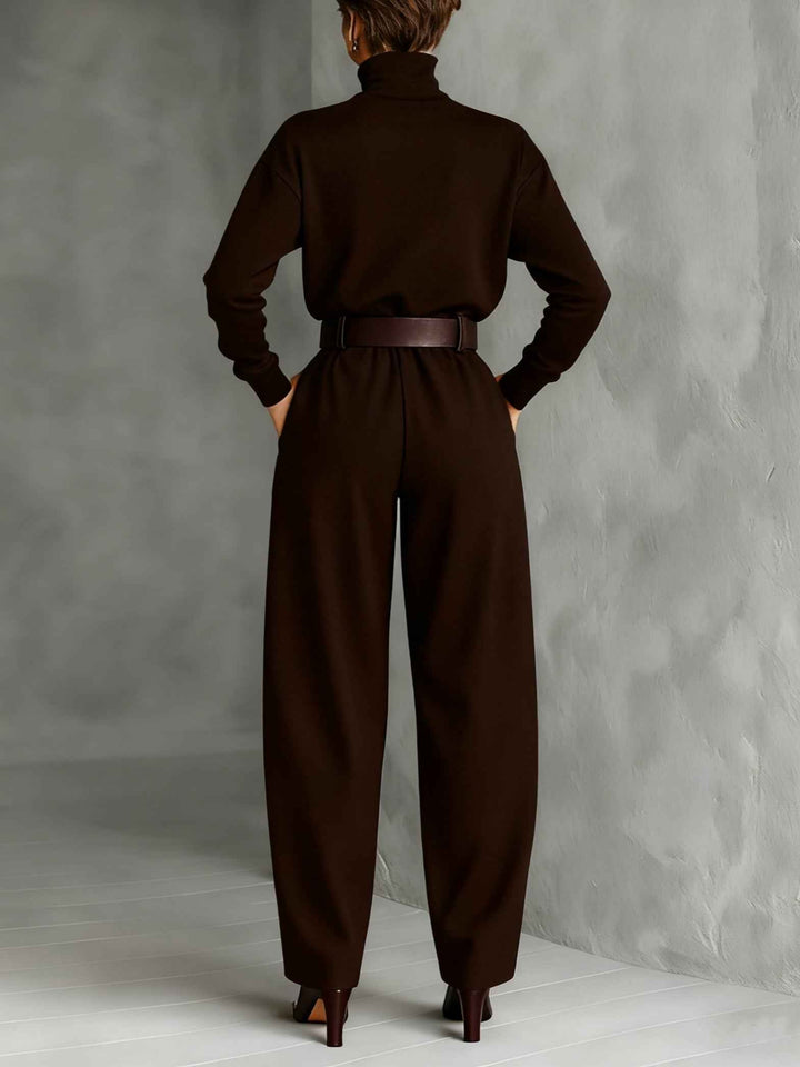 Ganz in Schwarz Rollkragen-Langarm-Top und Hose mit geradem Bein - 2-teiliges Set (inkl. Gürtel)