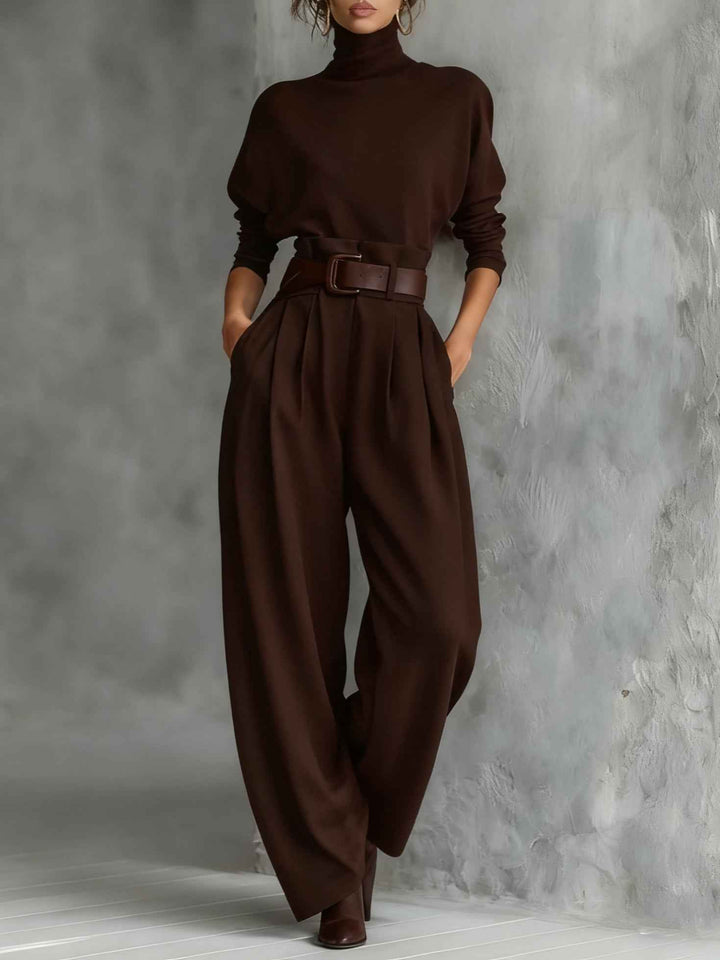 Ganz in Schwarz Rollkragen-Langarm-Top und Hose mit geradem Bein - 2-teiliges Set (inkl. Gürtel)