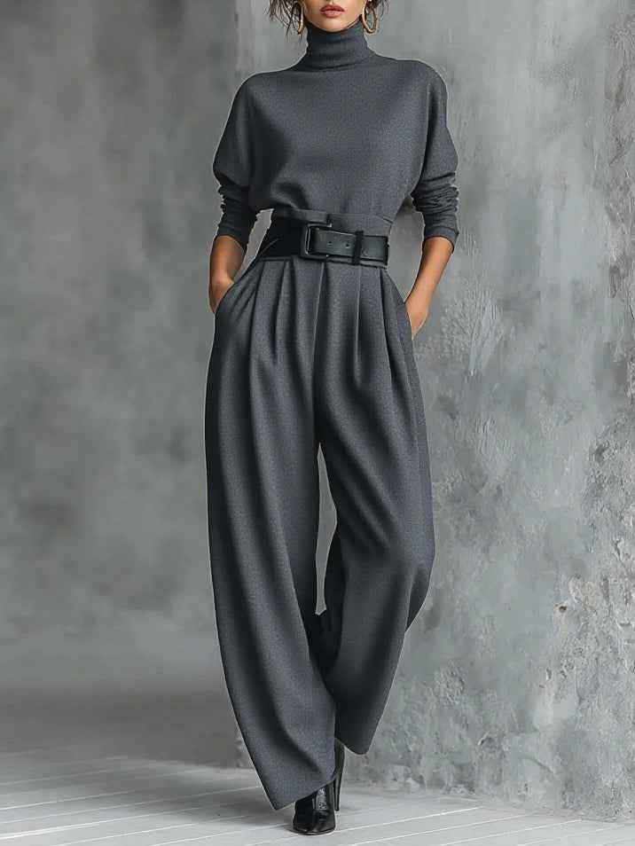 Ganz in Schwarz Rollkragen-Langarm-Top und Hose mit geradem Bein - 2-teiliges Set (inkl. Gürtel)