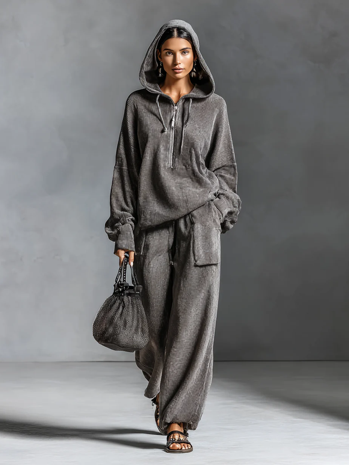 Lässiges dunkelgraues Corduroy-Kapuzen-Sweatshirt mit passender Hose im Straight-Leg-Schnitt – Zwei-teiliges Set