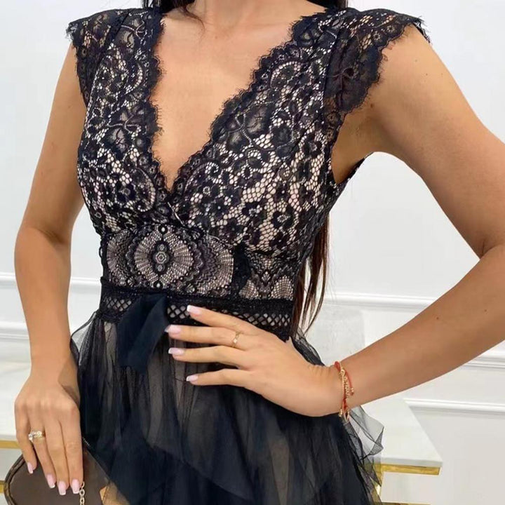 Ärmelloses Midikleid aus Spitze mit V-Ausschnitt für Damen – Brautgastkleid