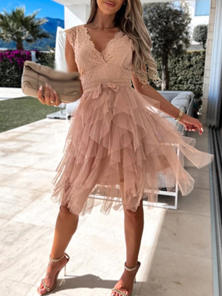 Ärmelloses Midikleid aus Spitze mit V-Ausschnitt für Damen – Brautgastkleid