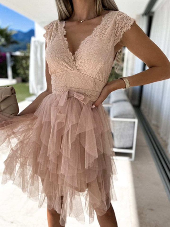 Ärmelloses Midikleid aus Spitze mit V-Ausschnitt für Damen – Brautgastkleid