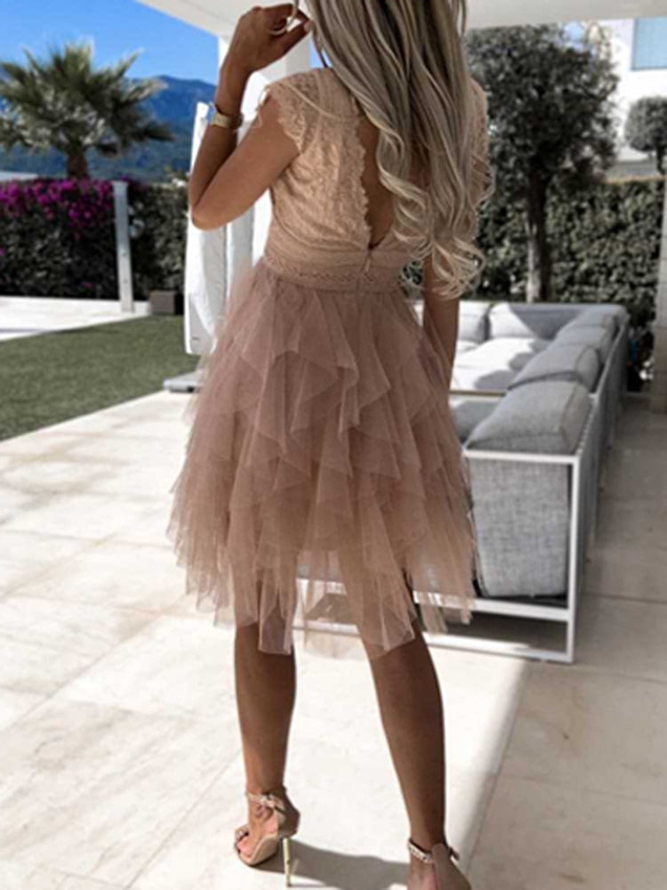 Ärmelloses Midikleid aus Spitze mit V-Ausschnitt für Damen – Brautgastkleid