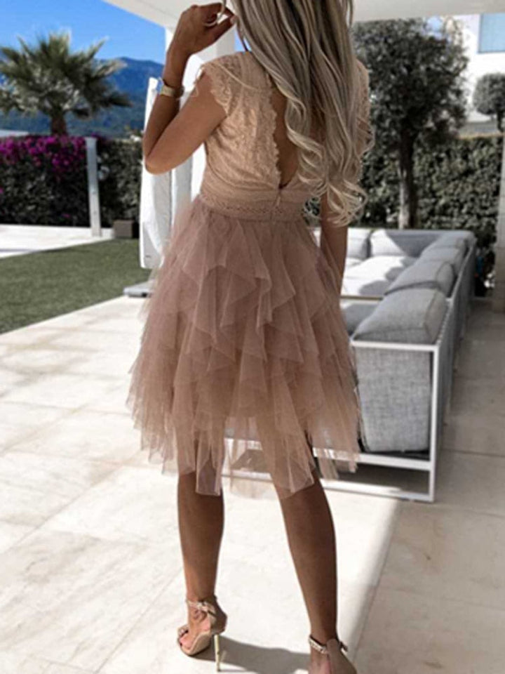 Ärmelloses Midikleid aus Spitze mit V-Ausschnitt für Damen – Brautgastkleid