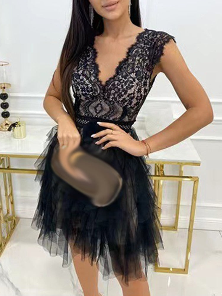 Ärmelloses Midikleid aus Spitze mit V-Ausschnitt für Damen – Brautgastkleid