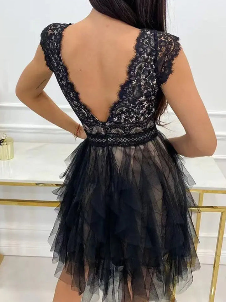 Ärmelloses Midikleid aus Spitze mit V-Ausschnitt für Damen – Brautgastkleid