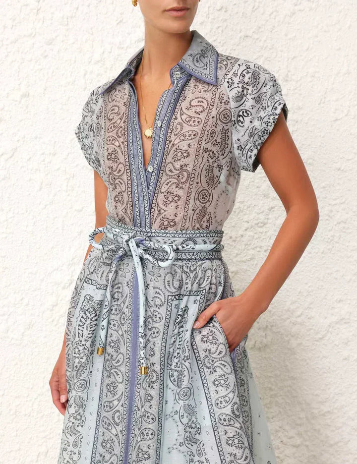 Damen Knopfleiste Kurzarm Gürtelkleid