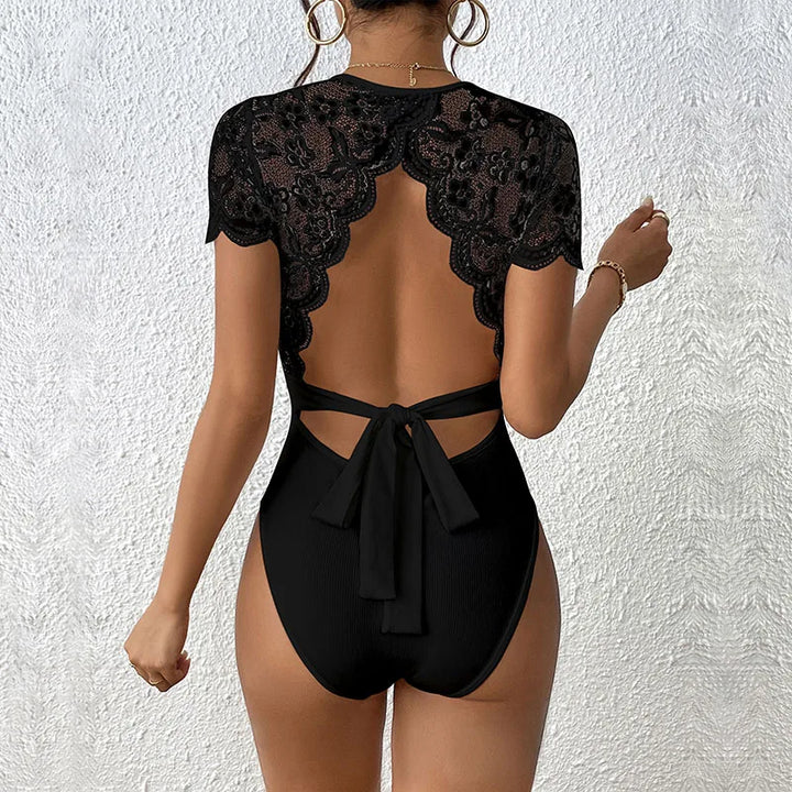 Damen Schwarzer Spitzen Bodysuit – Rückenfrei Rundhals Elegantes Top