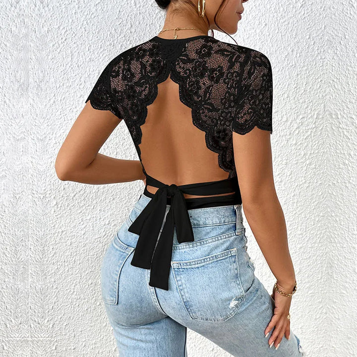 Damen Schwarzer Spitzen Bodysuit – Rückenfrei Rundhals Elegantes Top