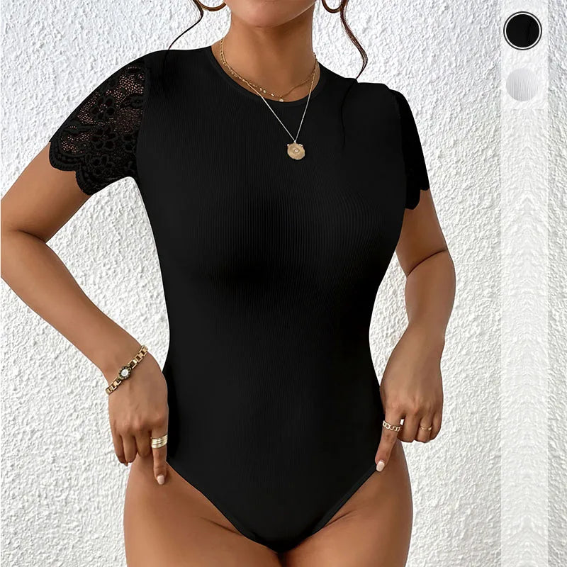 Damen Schwarzer Spitzen Bodysuit – Rückenfrei Rundhals Elegantes Top