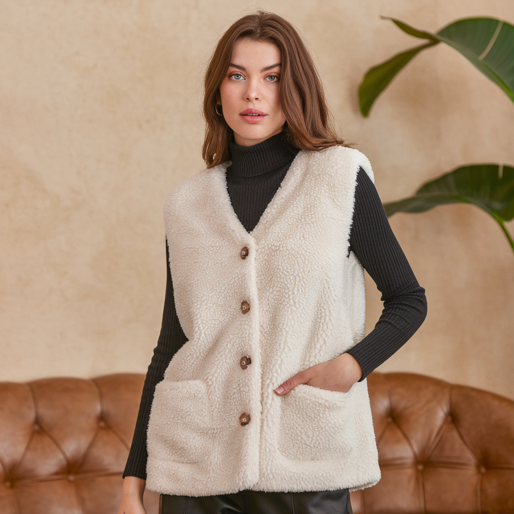 Warme ärmellose Lammwoll-Strickjacke für Damen