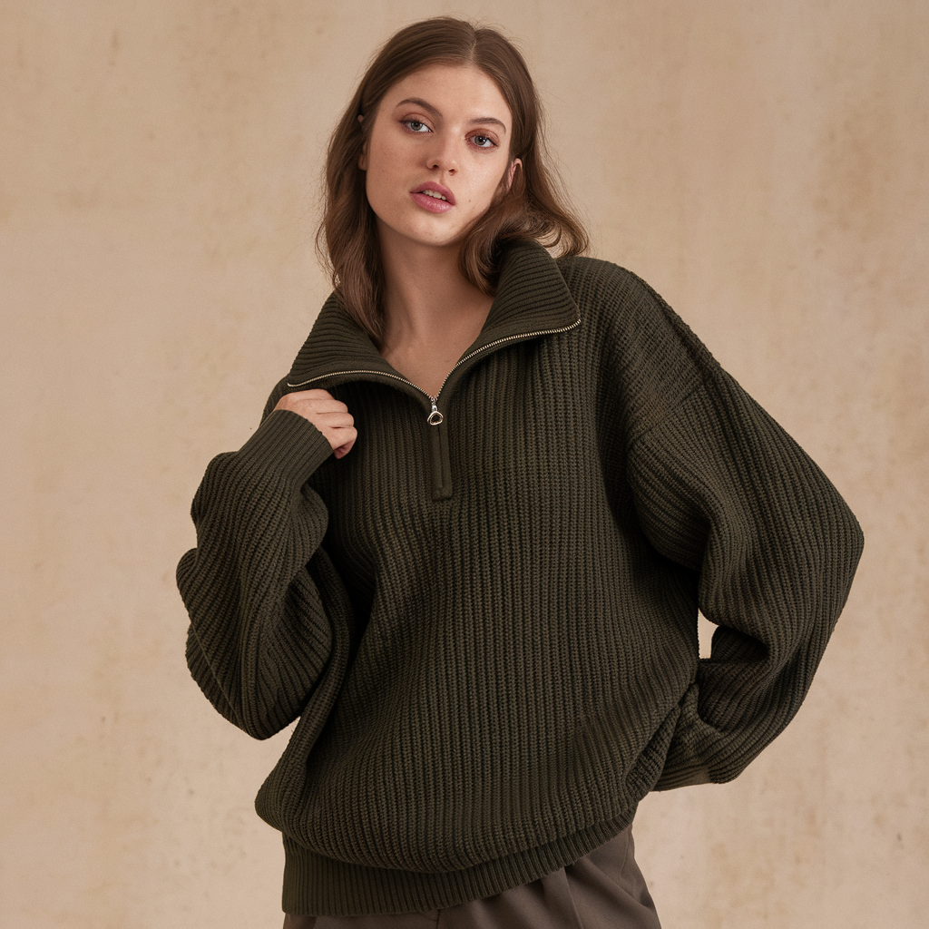 Warmer grüner mittellanger Fleecepullover für Damen