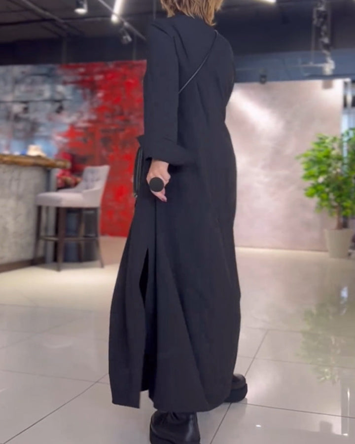 Damen Schicke V Ausschnitt Langarm Maxi Kleid Mit Schlitzen