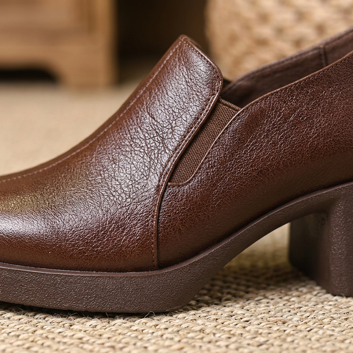Damen Spitze Leder Loafer Mit Blockabsatz – Freizeit Schuhe