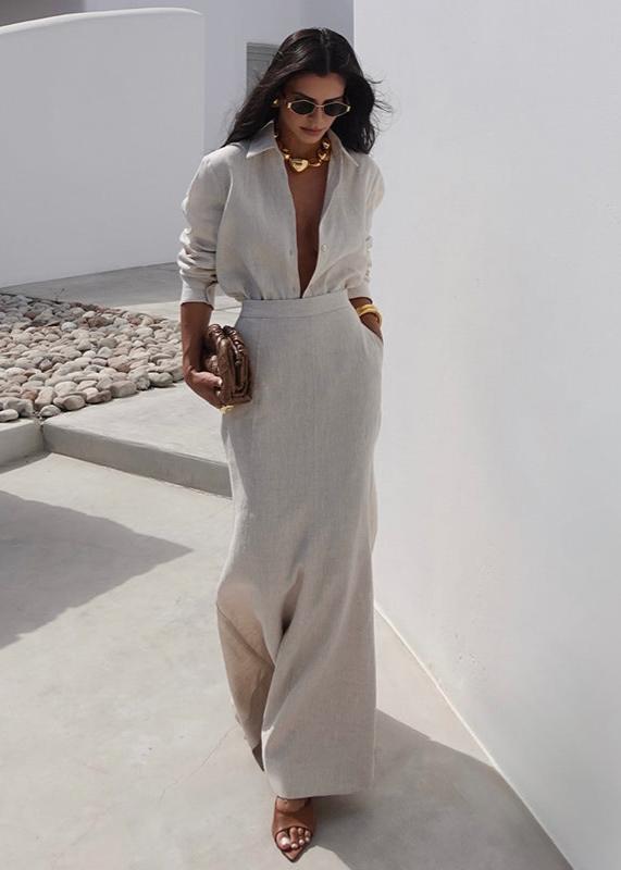 Damen Leinen Hemd Und Maxi Rock Set – Elegantes Sommer Outfit