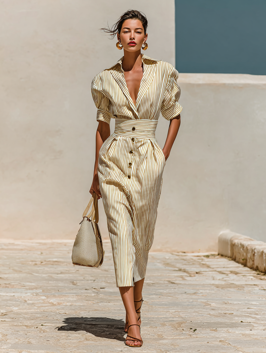 Gestreiftes Midikleid mit Reverskragen und Taillenbetonung