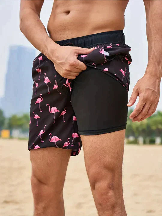 Herren Schnelltrocknende Badehose Mit Kompressions-Innenshorts – Sportliche Strandshorts