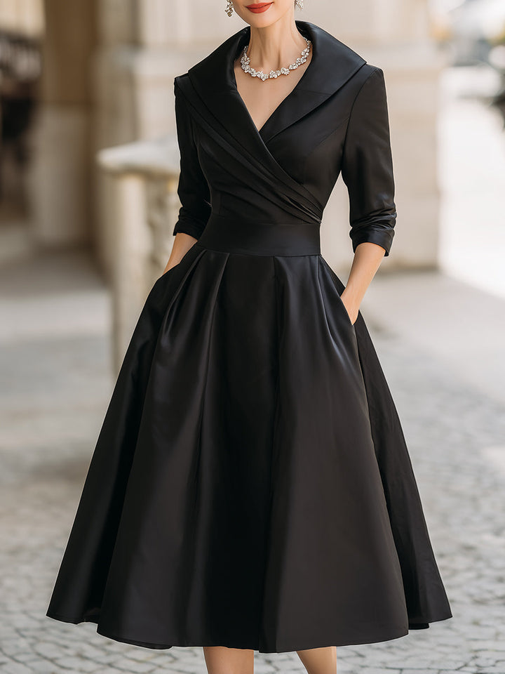 Damen Satin V-Ausschnitt Midi Kleid – Langarm Elegantes Kleid Mit Kragen