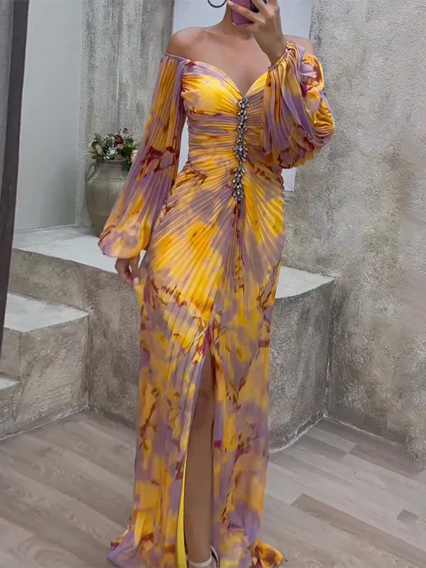 Damen Schulterfreies Plissiertes Maxi Kleid