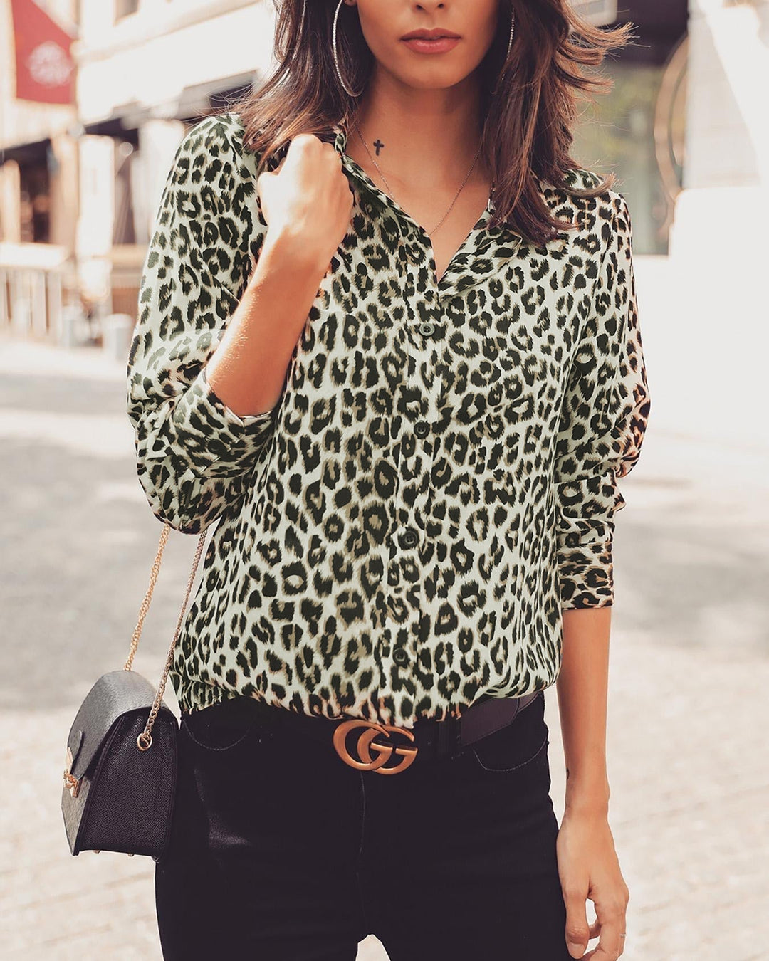 Damen Leopardenmuster Bluse – Langarm Knopfleiste Stilvolles Top