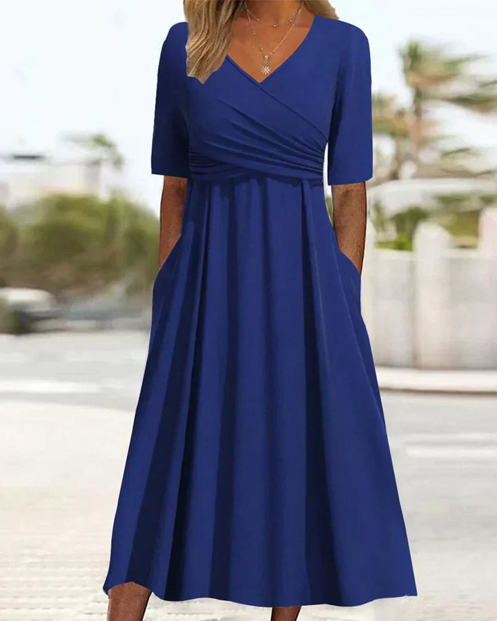 Damen V Ausschnitt Kurzarm Midi Kleid