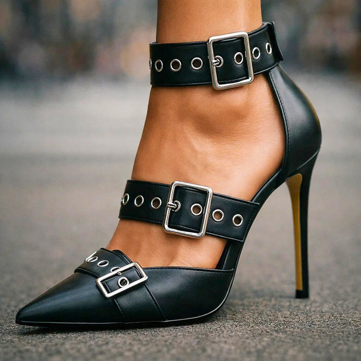 Damen Gothic-Stil Nieten Schnallen High Heels – Auffällige Stiletto Schuhe