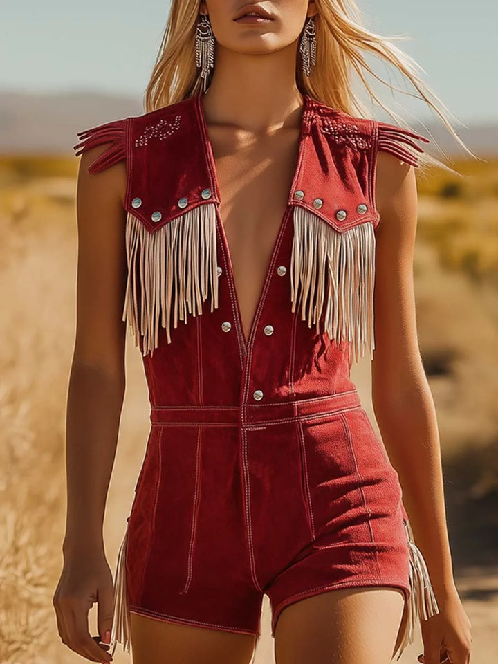 Western-Jumpsuit für Damen aus rotem Wildleder mit Quasten – Cowboy-Fransen-Knopf-Overall