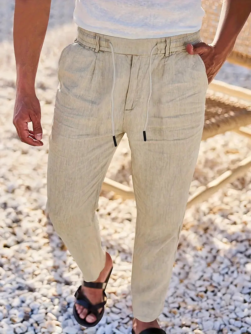 Herren Weit Geschnittene Leinenhose – Freizeit Sommerhose Mit Kordelzug