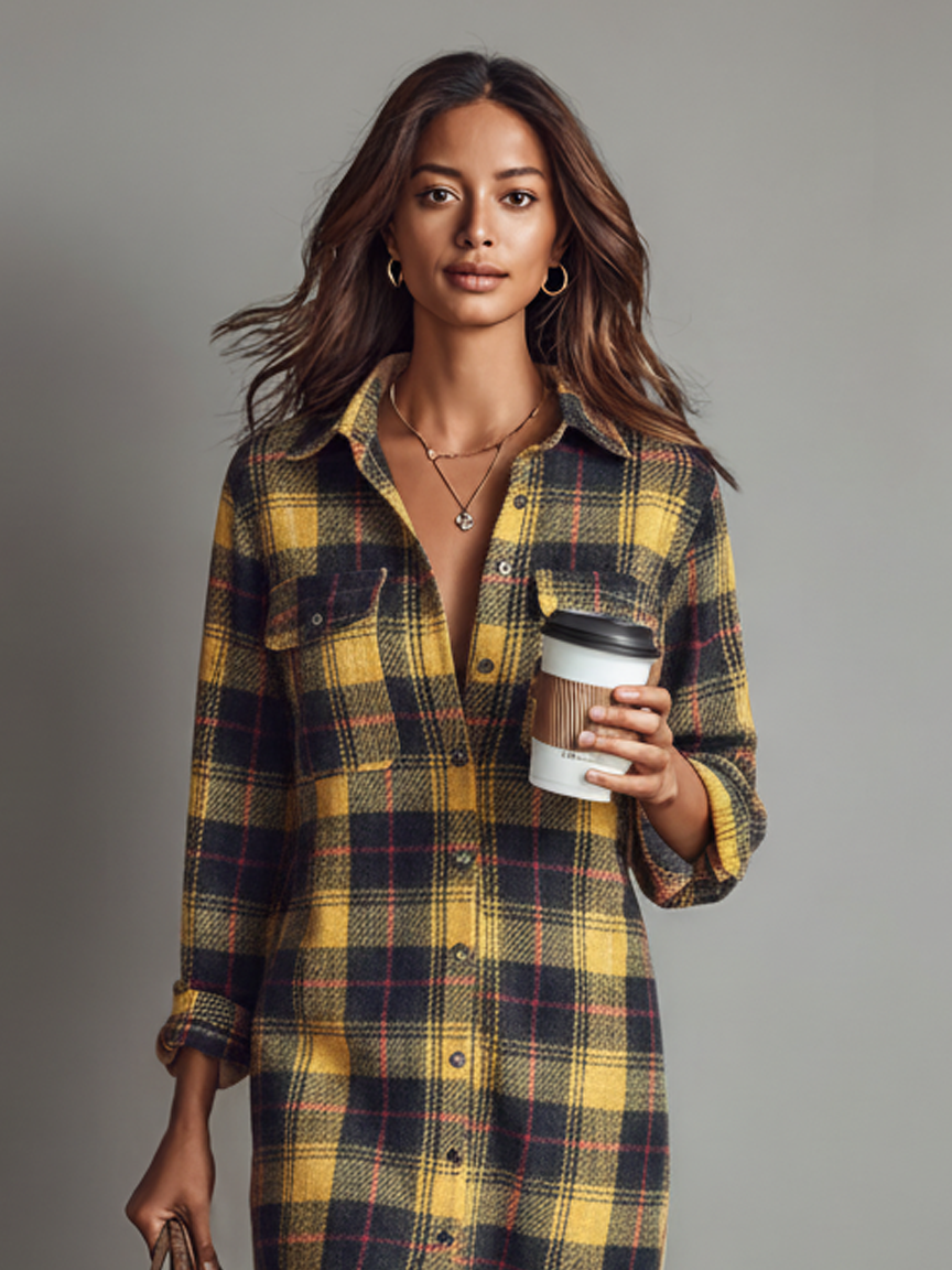 Kariertes Flanell-Midikleid mit Knopfleiste